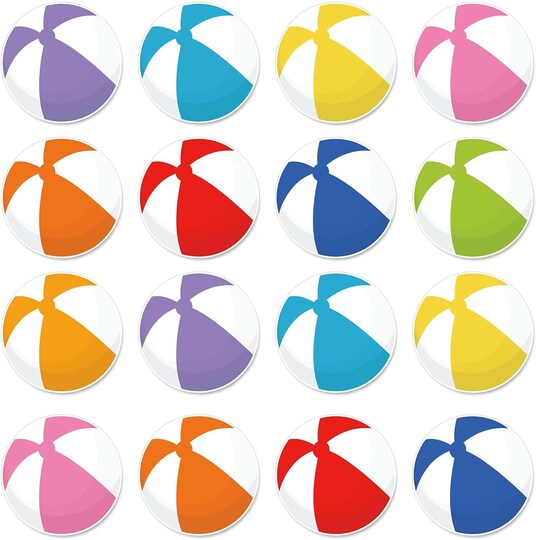 45 PCS Summer Beach Ball Cutouts with 100 Glue Dots – Colorful Tropical Pool Ball Paper Decorations for Classroom Bulletin Boards, Hawaiian Party Decor, DIY Crafts & Summer Wall Displays